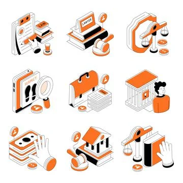 Set of Law Isometric Illustrations Stock Illustration