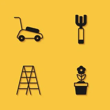 Set Lawn mower, Flower in pot, Wooden staircase and Garden pitchfork icon w.. Stock Illustration