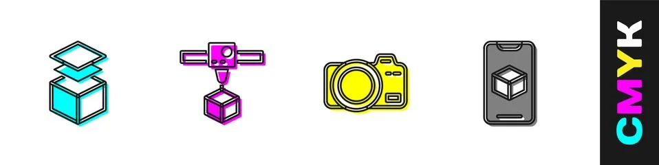 Set Layers, 3D printer cube, Photo camera and software icon. Vector Ilustração Stock