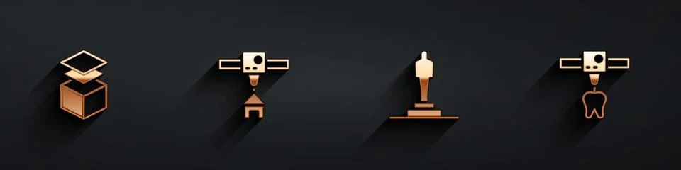 Set Layers, 3D printer house, model and tooth icon with long shadow. Vector 스톡 일러스트