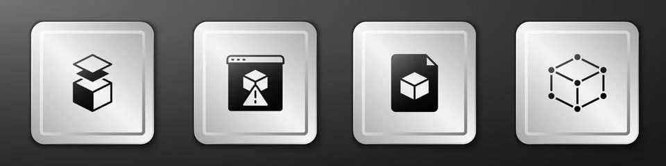 Set Layers, 3D printer, Isometric cube file and icon. Silver square button Stock Illustration