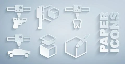 Set Layers, 3D printer tooth, car, 3d pen tool, scanner with cube and gun icon Illustrazione stock