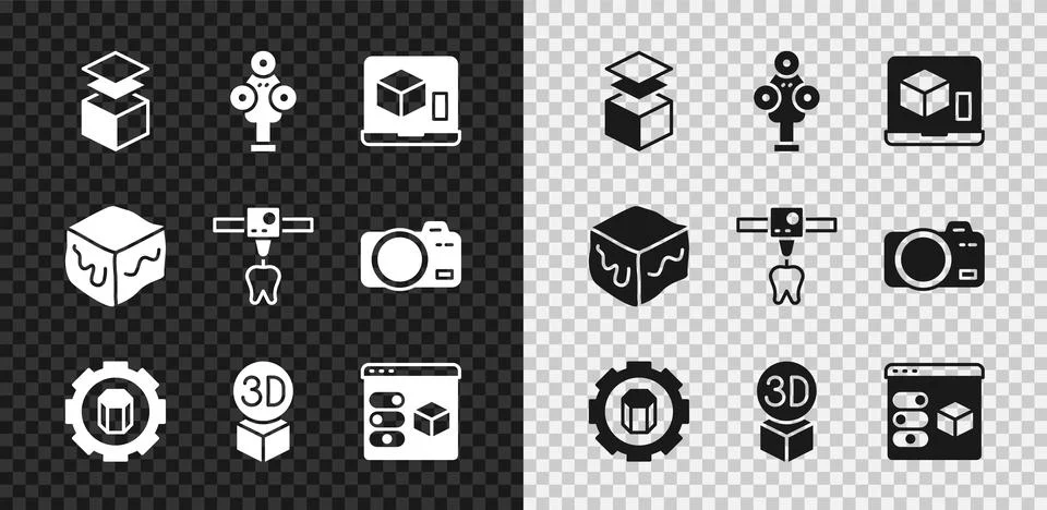 Set Layers, 3D scanner, printer, setting, Isometric cube,  and tooth icon. Ve Stock Illustration