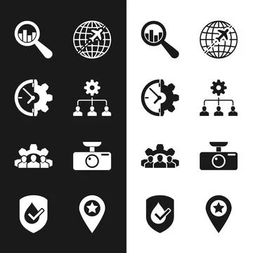 Set Lead management, Clock and gear, Magnifying glass analysis, Globe with Stock Illustration