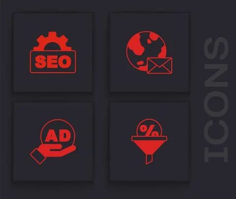 Set Lead management, SEO optimization, Earth globe with mail and Advertising Stock Illustration