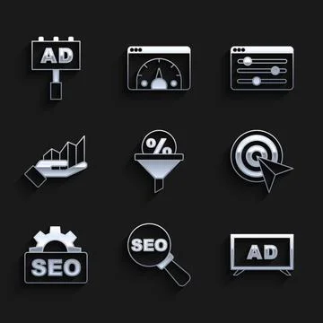 Set Lead management, SEO optimization, Advertising, Target, Pie chart Stock Illustration