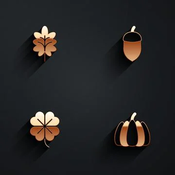 Set Leaf, Acorn, Four leaf clover and Pumpkin icon with long shadow. Vector Stock Illustration