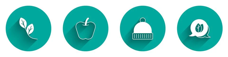 Set Leaf, Apple, Winter hat and icon with long shadow. Vector Stock Illustration