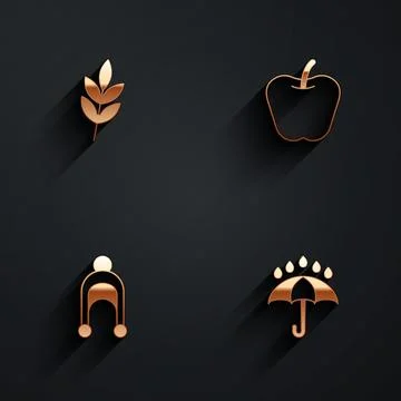 Set Leaf, Apple, Winter hat and Umbrella and rain drops icon with long shadow Illustration