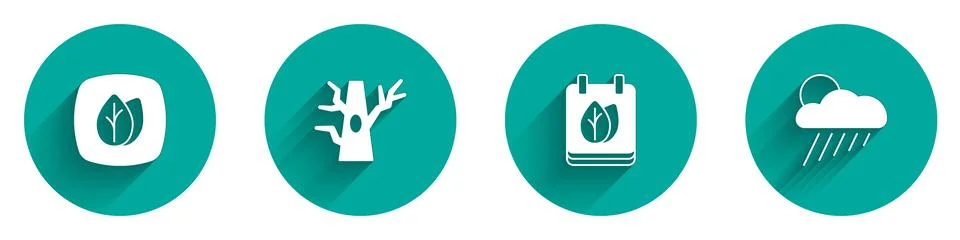 Set Leaf, Bare tree, Calendar with autumn leaves and Cloud rain and sun ico.. Stock Illustration