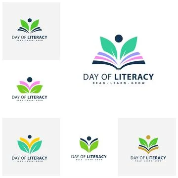 Set of Leaf Book with people logo vector template. Creative Book Leaf with .. Ilustração Stock