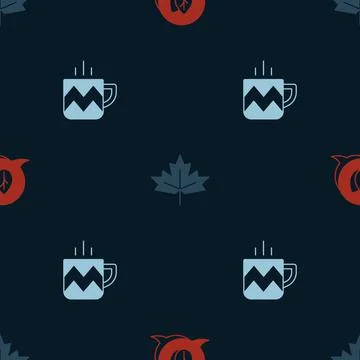 Set Leaf, Canadian maple leaf and Cup of tea on seamless pattern. Vector Illustrazione stock