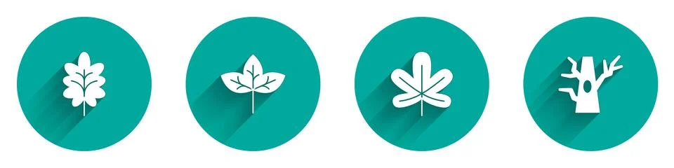 Set Leaf, Chestnut leaf and Bare tree icon with long shadow. Vector Stock Illustration