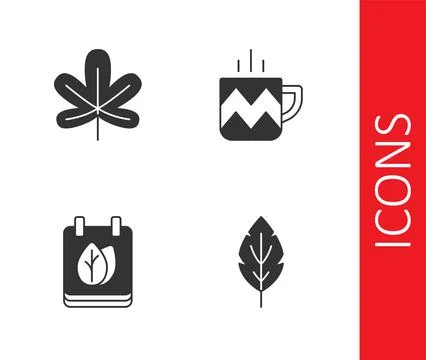 Set Leaf, Chestnut leaf, Calendar with autumn leaves and Cup of tea icon. Vector Stock Illustration