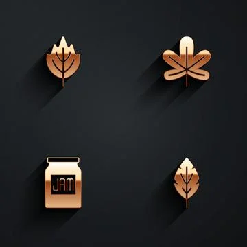 Set Leaf, Chestnut leaf, Jam jar and  icon with long shadow. Vector Stock Illustration