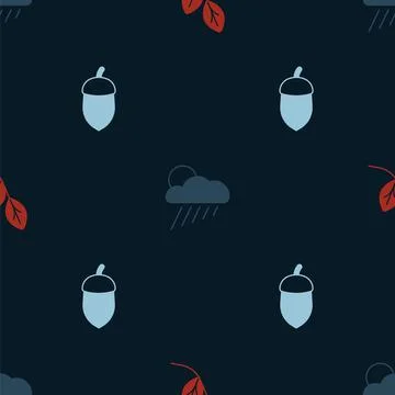 Set Leaf, Cloud with rain and sun and Acorn on seamless pattern. Vector Illustrazione stock