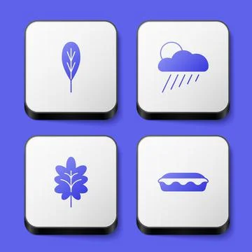 Set Leaf, Cloud with rain and sun, and Homemade pie icon. White square button Stock Illustration