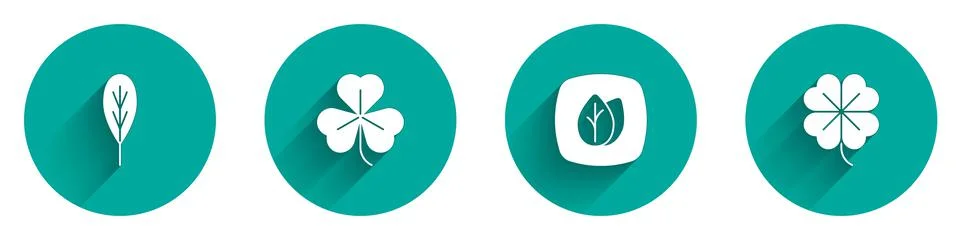 Set Leaf, Clover, and Four leaf clover icon with long shadow. Vector Stock Illustration
