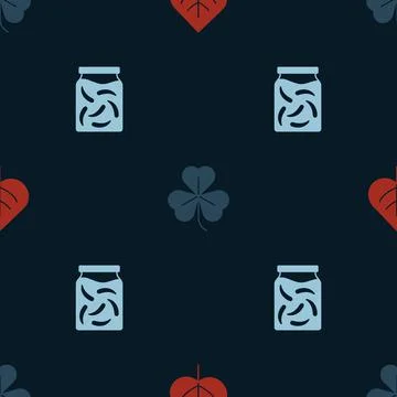 Set Leaf, Clover and Pickled cucumbers in jar on seamless pattern. Vector Illustrazione stock