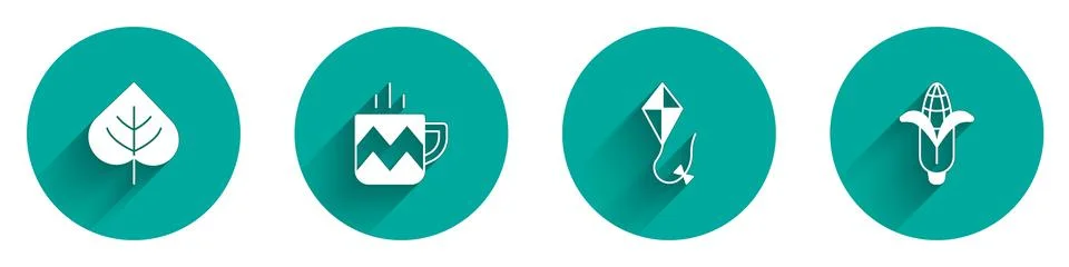 Set Leaf, Cup of tea, Kite and Corn icon with long shadow. Vector 스톡 일러스트