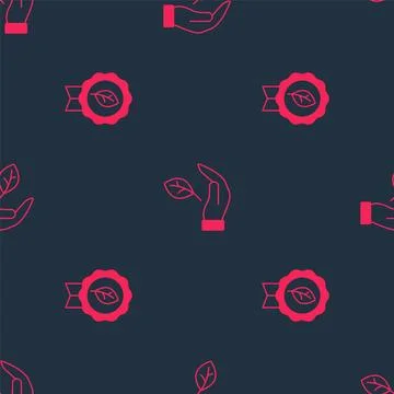 Set Leaf Eco symbol and in hand on seamless pattern. Vector イラスト素材