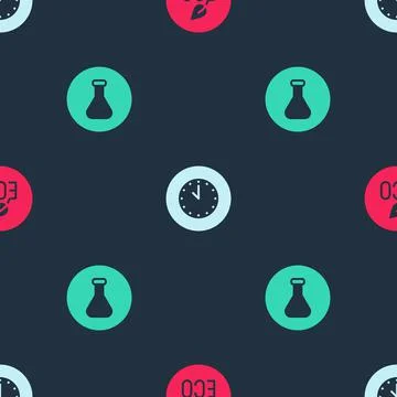 Set Leaf Eco symbol, Clock and Test tube and flask on seamless pattern. Vector 스톡 일러스트