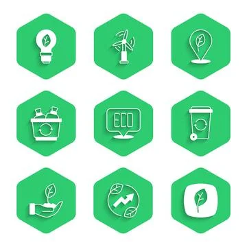 Set Leaf Eco symbol, Electric saving plug in leaf, Recycle bin, Plant hand Stock Illustration