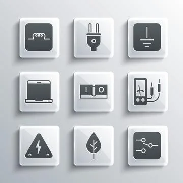 Set Leaf Eco symbol, Switch in electronic circuit, Ampere meter, multimeter Stock Illustration