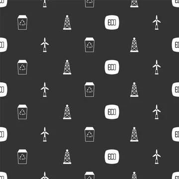 Set Leaf Eco symbol, Wind turbine, Recycle and Oil rig on seamless pattern Illustrazione stock