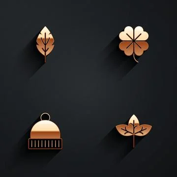 Set Leaf, Four leaf clover, Winter hat and icon with long shadow. Vector 스톡 일러스트