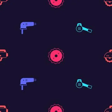 Set Leaf garden blower, Electric jigsaw, Circular blade and circular on seamless Stock Illustration