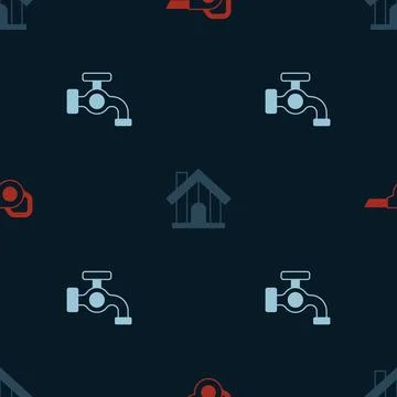 Set Leaf garden blower, Farm house and Water tap on seamless pattern. Vector Stock Illustration