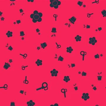 Set Leaf garden blower, Flower, in pot and Plant on seamless pattern. Vector Stock Illustration