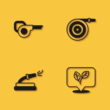 Set Leaf garden blower, Garden hose and icon with long shadow. Vector Stock Illustration