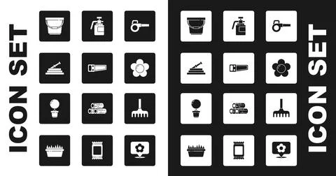 Set Leaf garden blower, Hand saw, Garden hose or fire hose, Bucket, Flower Illustration