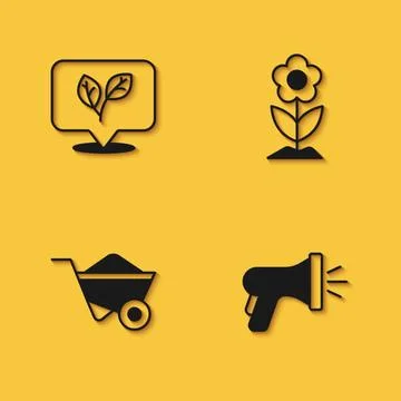 Set Leaf, Garden hose, Wheelbarrow and Flower icon with long shadow. Vector Stock Illustration