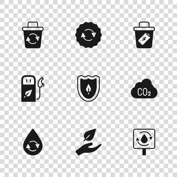 Set Leaf in hand, CO2 emissions cloud, Recycle clean aqua, Shield with leaf.. Stock Illustration
