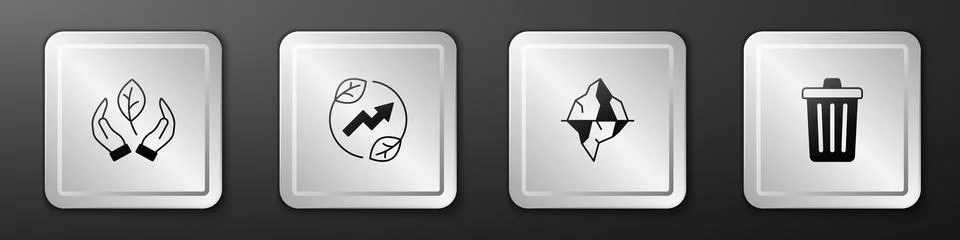 Set Leaf in hand, Electric saving plug leaf, Iceberg and Trash can icon. Silver 스톡 일러스트