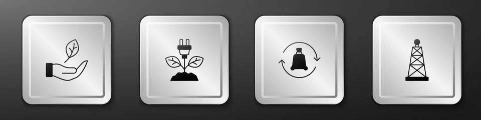 Set Leaf in hand, Electric saving plug leaf, Garbage bag with recycle and O.. Stock Illustration