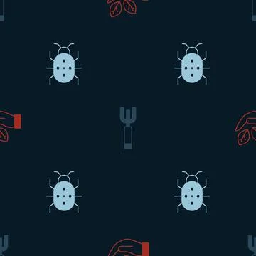 Set Leaf in hand, Garden pitchfork and Colorado beetle on seamless pattern... Illustrazione stock