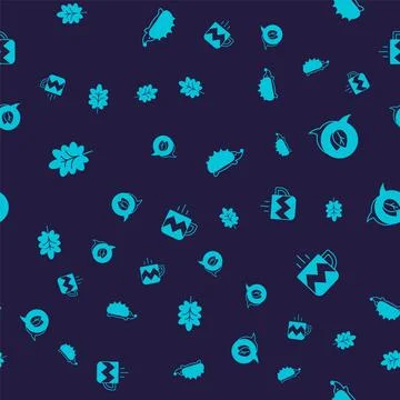 Set Leaf, Hedgehog and Cup of tea on seamless pattern. Vector Illustrazione stock