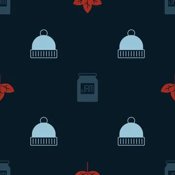 Set Leaf, Jam jar and Winter hat on seamless pattern. Vector Illustrazione stock
