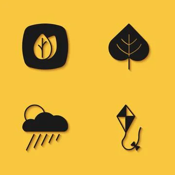 Set Leaf, Kite, Cloud with rain and sun and icon with long shadow. Vector Stock Illustration