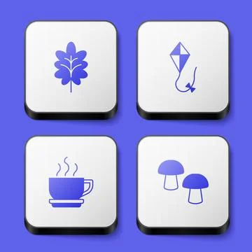 Set Leaf, Kite, Coffee cup and Mushroom icon. White square button. Vector Stock Illustration