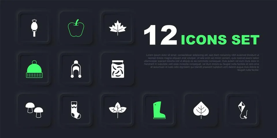 Set Leaf, Kite, Winter hat, Waterproof rubber boot, Socks, Apple and  icon... Stock Illustration