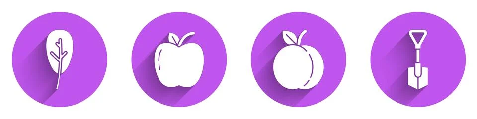 Set Leaf or leaves, Apple, Peach fruit and Shovel icon with long shadow. Vector Illustrazione stock
