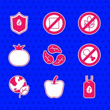 Set Leaf or leaves, Apple, Vegan food diet, No meat, Earth globe and leaf Stock Illustration