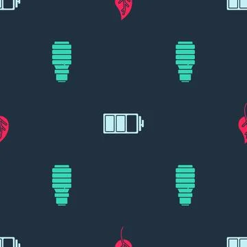 Set Leaf or leaves, Battery and LED light bulb on seamless pattern. Vector Illustrazione stock