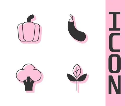 Set Leaf or leaves, Bell pepper, Broccoli and Eggplant icon. Vector Stock Illustration