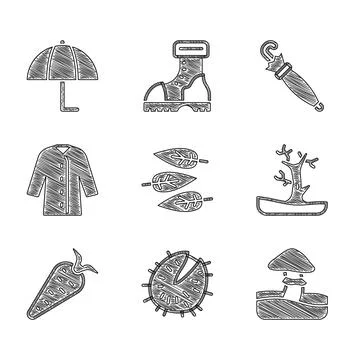 Set Leaf or leaves, Chestnut, Mushroom, Bare tree, Carrot, Raincoat, Umbrel.. Stock Illustration